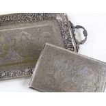 A Persian silver cigarette case, with engraved drinking scene, together with a similar tray,