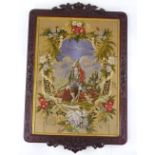 A 19th century embroidered picture, depicting a gamekeeper in floral surround, original floral