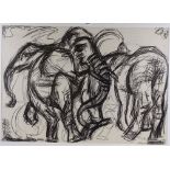 Henry Sanders, charcoal on paper, elephants, 1978, 23" x 33", framed