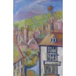 Maureen Connett, mixed media on board, the Old Town Hastings, 30" x 20", framed
