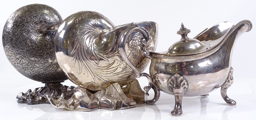 2 Victorian electroplate nautilus shell design spoon warmers, and a lidded sauce boat (3) - Image 2 of 3