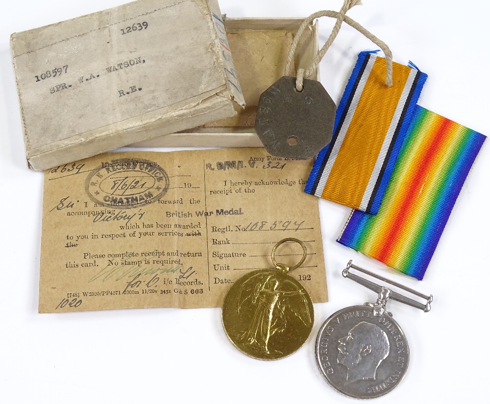 Boxed First War Period British War medal and Victory medal with tag, to 108597 Spr W A Watson