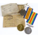 Boxed First War Period British War medal and Victory medal with tag, to 108597 Spr W A Watson