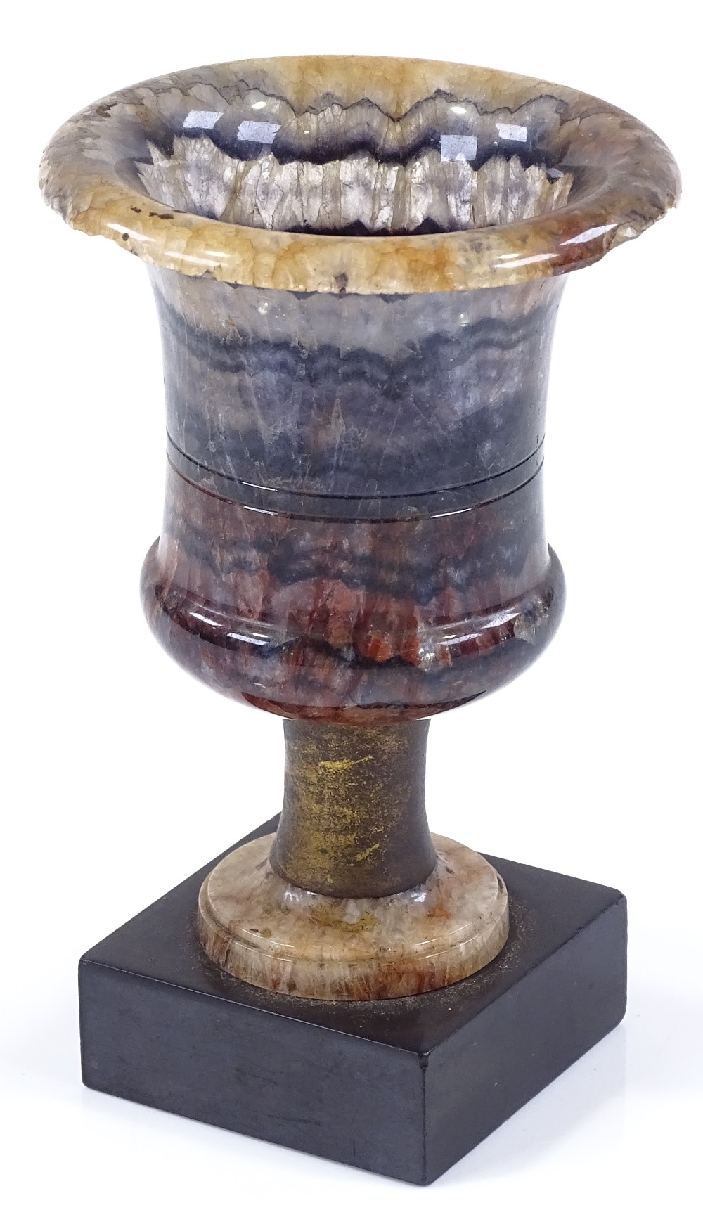 A 19th century Blue John campana form urn, with brass column and slate base, overall height 12. - Image 2 of 3