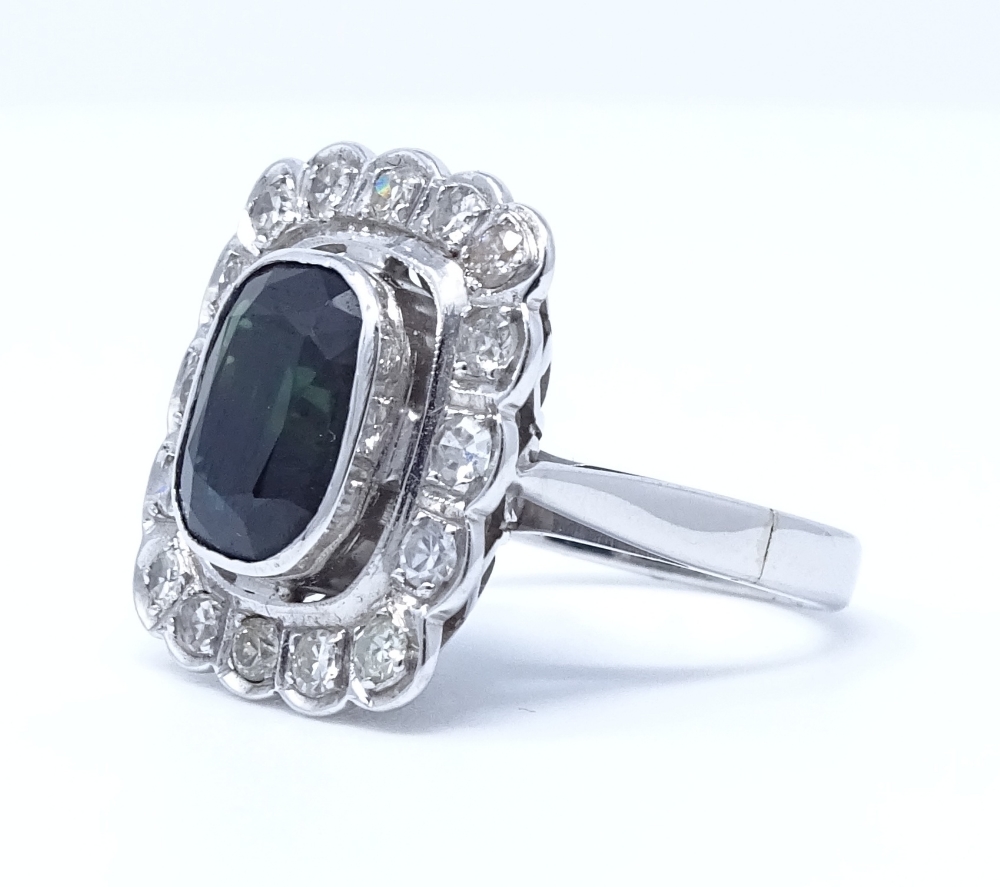 An 18ct white gold sapphire and diamond cluster ring, setting height 19.6mm, size L, 7.3g - Image 2 of 4