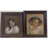 2 19th century charcoal / chalk portraits of girls, unsigned, 13" x 11", framed