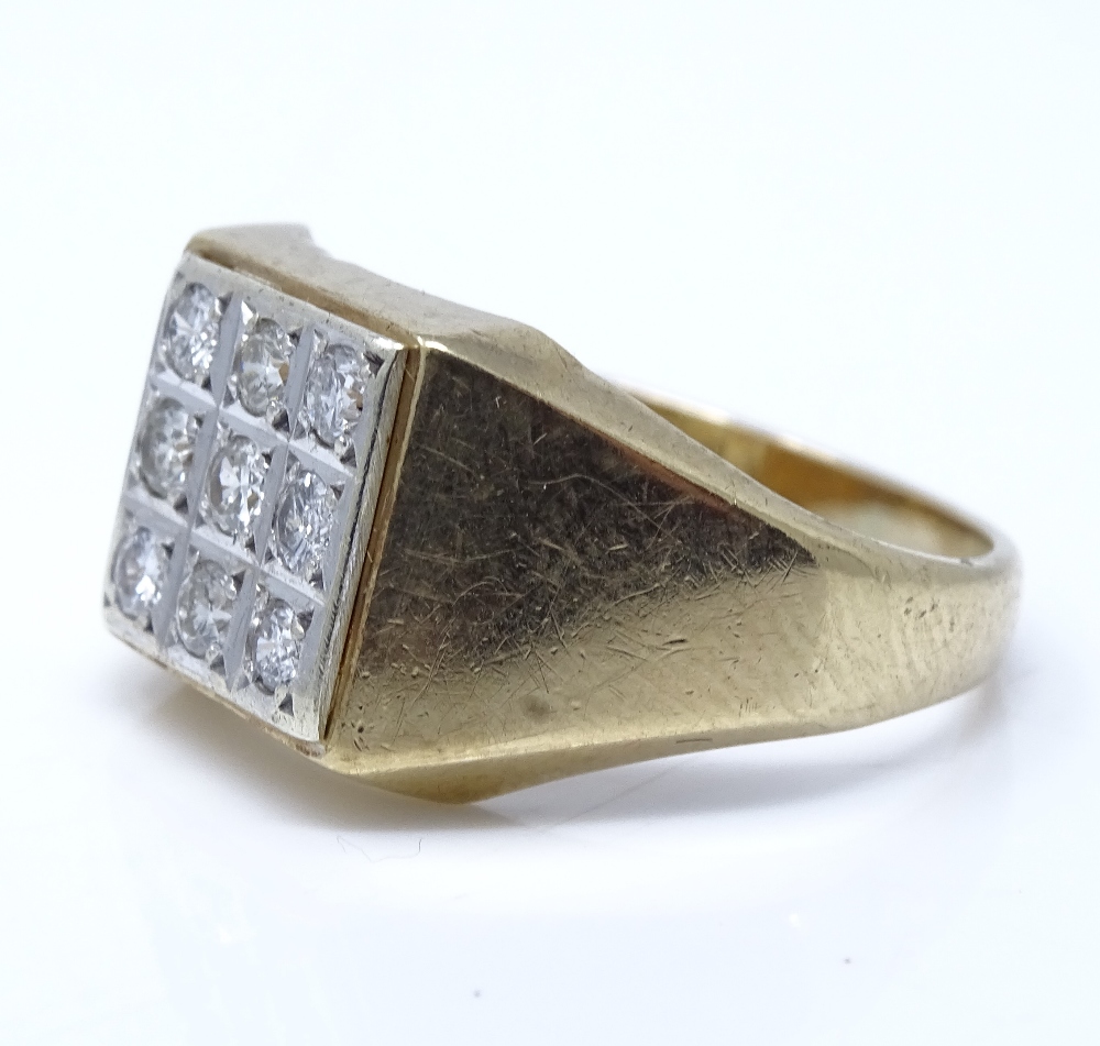 A 9ct gold 9-stone diamond cluster signet ring, setting height 11.5mm, size R, 4.1g - Image 2 of 4