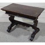 An Antique Tuscan walnut side table, with carved frieze drawer and carved stretcher base, 3'3" x