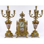 An ornate reproduction French gilt-brass cased clock garniture, with 8-day striking movement,