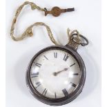 A 19th century silver pair cased open-face key-wind pocket watch, hallmarks London 1824, outer