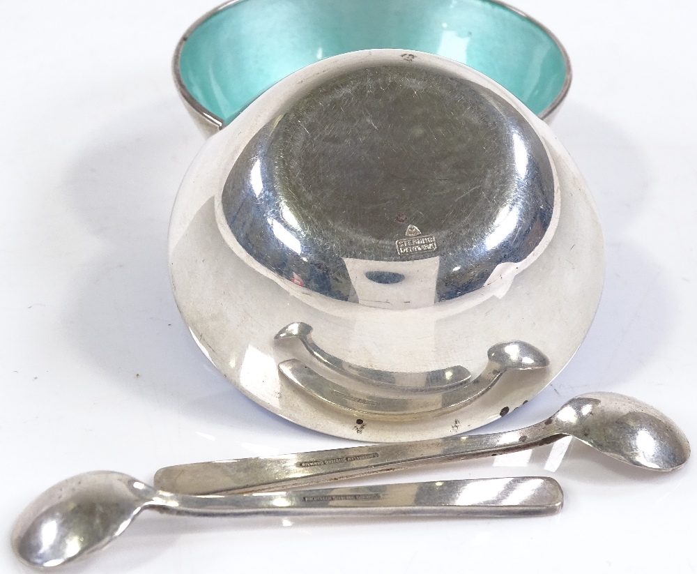 A pair of Danish sterling silver and coloured enamel salts with matching spoons, by Anton Michelsen, - Image 3 of 3