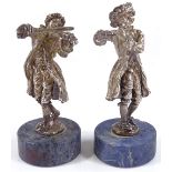 A pair of miniature Continental silver figures of musicians, marked 800, on blue marble bases,