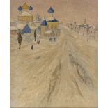 Russian School, oil on canvas, impressionist snow covered street scene, unsigned 19" x 15", framed