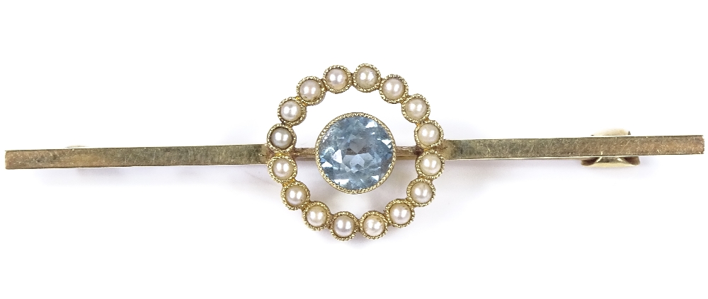 An Edwardian 15ct gold aquamarine and pearl bar brooch, brooch length 57.2mm, 4.1g