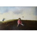 Mary Riley, oil on canvas, girl with a doll on a hilltop, 28" x 43", framed