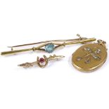 15ct gold blue stone bar brooch, 9ct horseshoe brooch, and a 9ct back and front photo locket (3)