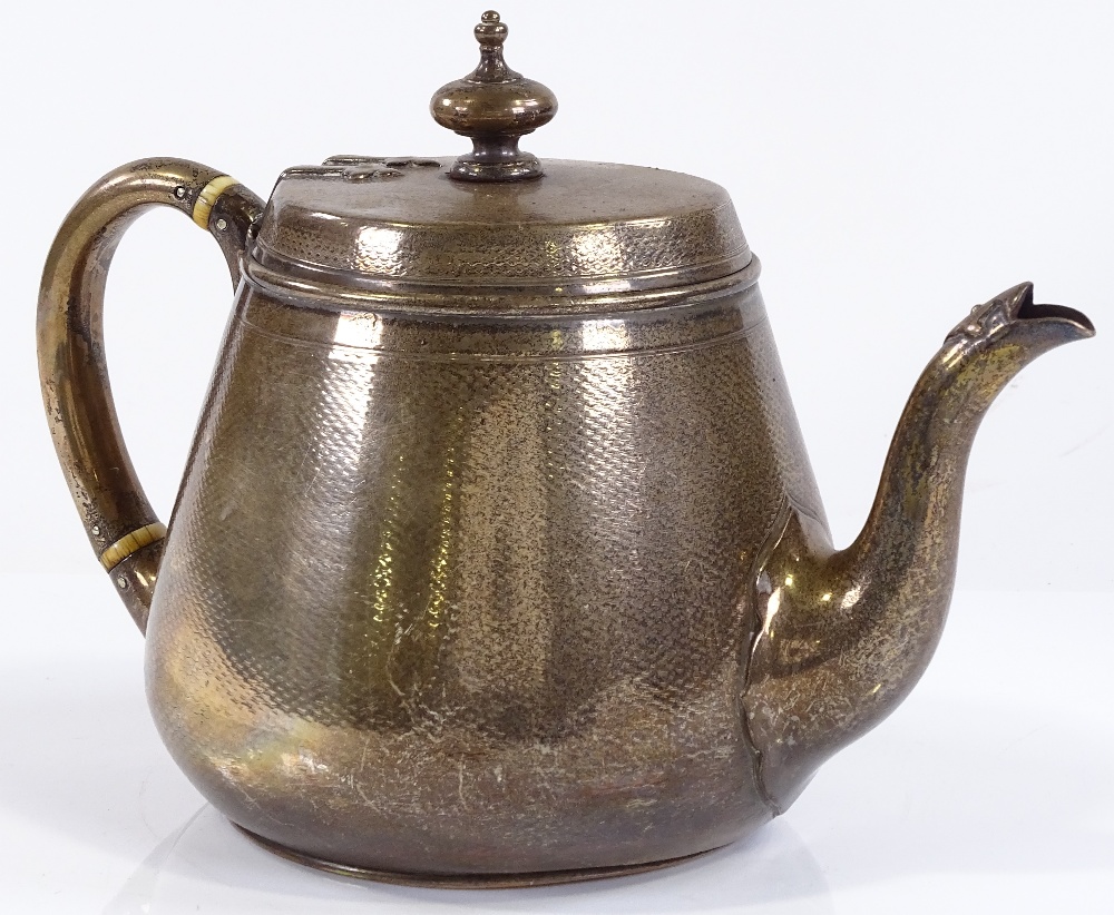 A Victorian tapered circular silver teapot, with engine turned body and ivory insulators, by John - Image 2 of 3