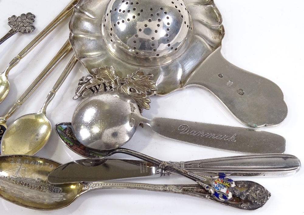 Silver and enamel teaspoons, a silver tea strainer etc - Image 3 of 3