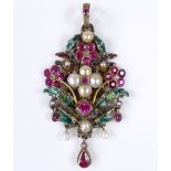 An Austro-Hungarian floral design pendant, set with rubies, emeralds and pearls, and coloured enamel