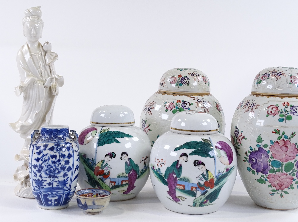 A group of Oriental porcelain, including a Blanc de Chine porcelain Buddha, height 30cm (7)