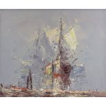 Cunningham, oil on board, tall ships, 19.5" x 23.5", framed