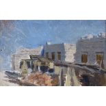 Russian School, oil on board, construction site, unsigned 8" x 12.5", framed
