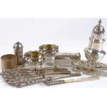 Various silver, including conical sugar shaker, salts, silver-topped dressing table jars, knives