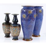 A pair of Royal Doulton stoneware blue glazed vases, height 27cm, and a pair of Doulton Slaters