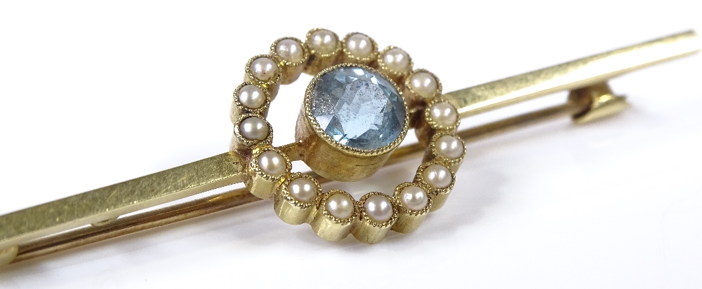 An Edwardian 15ct gold aquamarine and pearl bar brooch, brooch length 57.2mm, 4.1g - Image 4 of 4