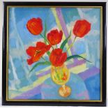 Kim Redpath (born 1925), oil on canvas, still life tulips, 1989, 24" x 24", framed