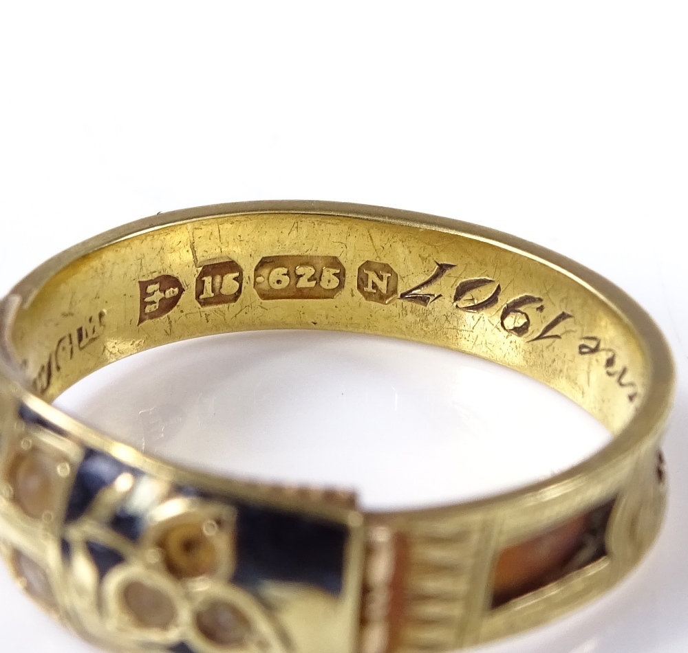 A 15ct gold pearl and black enamel band mourning ring, with pierced hair panel shank (no hair), - Image 2 of 4