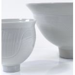 Michael (Mick) Casson, 2 white celadon glaze bowls with sgraffito decoration, diameter 25cm and 12cm