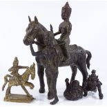 A Chinese patinated bronze horse and rider group, height 25cm, and 3 other Oriental bronzes (4)