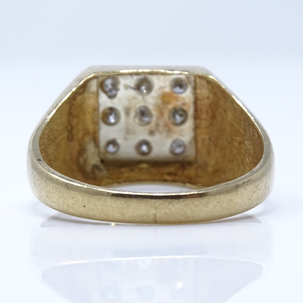 A 9ct gold 9-stone diamond cluster signet ring, setting height 11.5mm, size R, 4.1g - Image 3 of 4