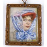 An Edwardian miniature watercolour, portrait of a lady motorist, signed with monogram, dated 1906,