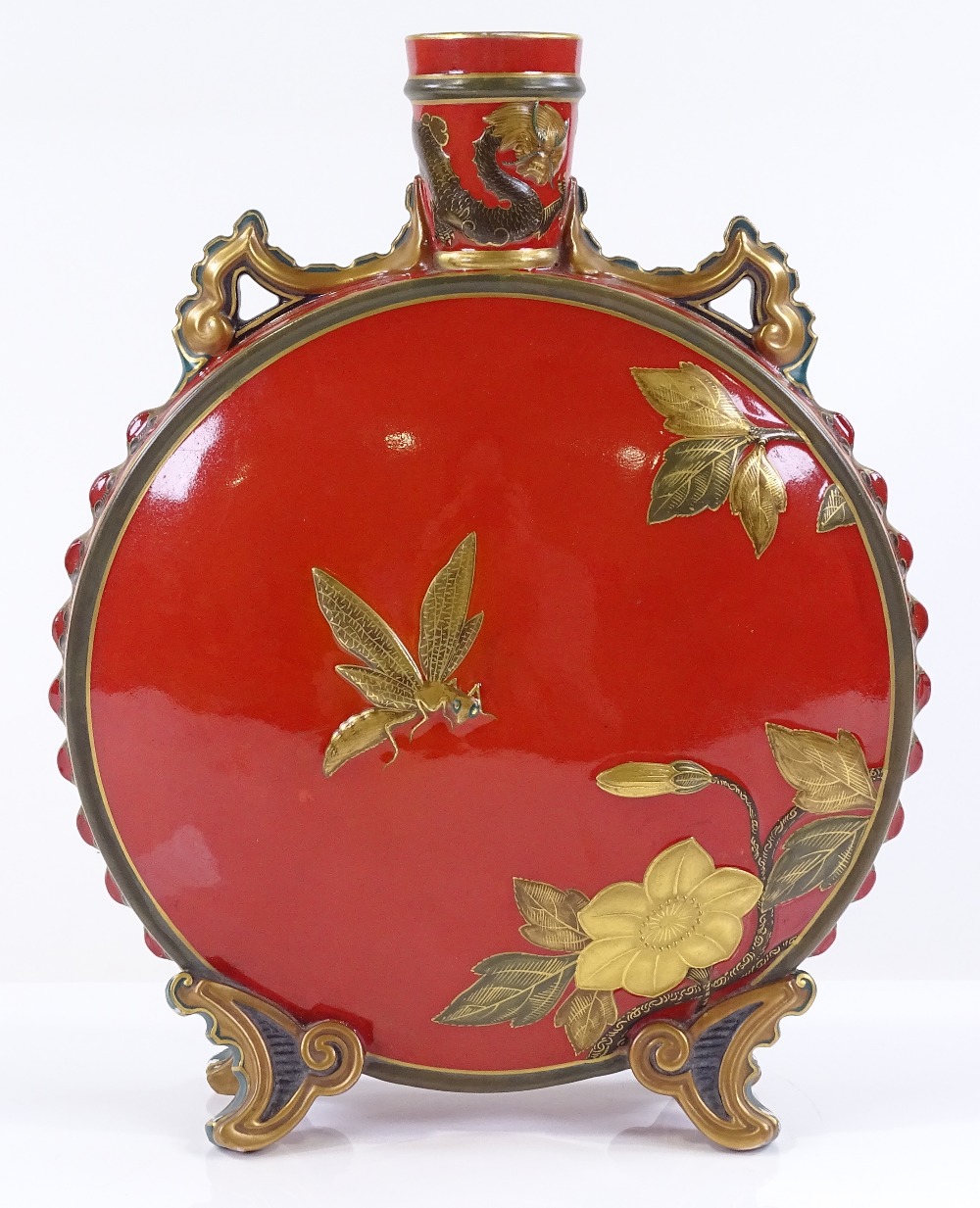 A Royal Worcester Aesthetic movement porcelain moon-shaped vase, late 19th century, with relief - Image 2 of 3