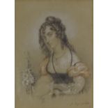 A 19th century watercolour / pastel, portrait of a woman, indistinctly signed, 13" x 9", framed