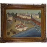 Modern British style oil on canvas, harbour scene, unsigned, 24" x 30", framed
