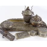 Various Oriental white metal items, including a large tray, incense burners, boxes, and scroll