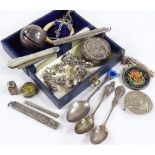 Various silverware, including baby's rattle, S Mordan toothpick, charm bracelet etc
