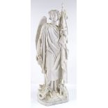 A 19th century Parian porcelain sculpture of a Classical figure of victory, carrying the flag of