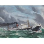 Early 20th century oil on canvas, passenger steam ship on rough seas, unsigned, 15" x 24", unframed