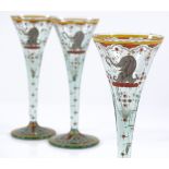 A set of 3 Antique funnel-shaped glasses, possibly German or Italian, with hand painted elephant