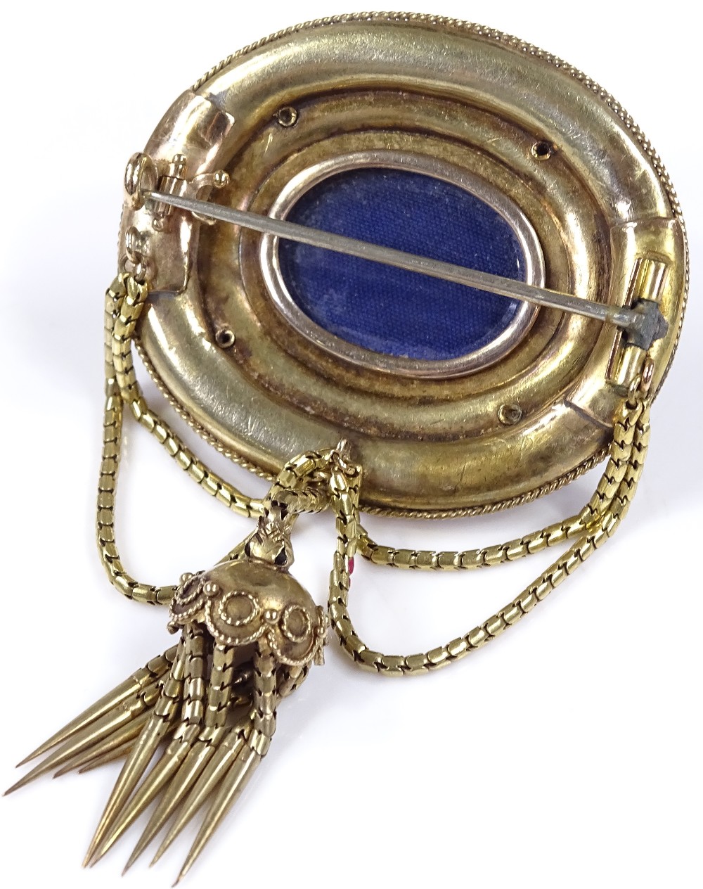 A Victorian oval memorial brooch, with foil-back domed cabochon rock crystal centre, surrounded by - Image 4 of 4