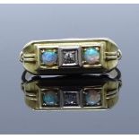 A 14ct gold 3-stone opal and diamond dress ring, setting height 7mm, size O, 2.7g