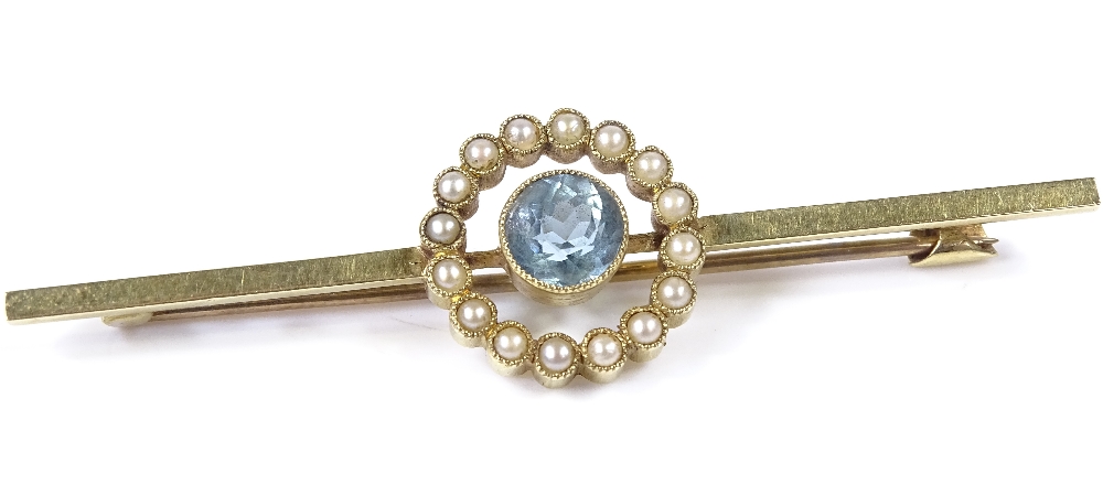 An Edwardian 15ct gold aquamarine and pearl bar brooch, brooch length 57.2mm, 4.1g - Image 2 of 4