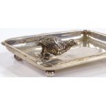 An Edwardian silver pin tray, with cast-silver quail, by William Hornby, hallmarks London 1902,