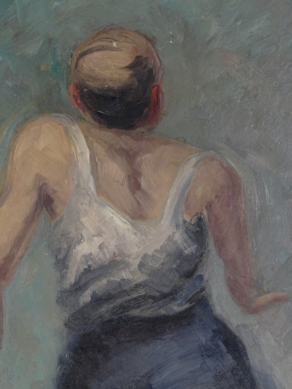 An oil on board, study of a man walking, indistinctly signed, 1960, 32.5" x 15", unframed - Image 3 of 4