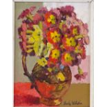 Charles Wollaston RBA, oil on board, polyanthus, exhibition label verso, 7.5" x 5.5", framed