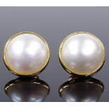 A pair of 18ct gold domed pearl earrings, panel diameter 14.2mm, 4.5g total